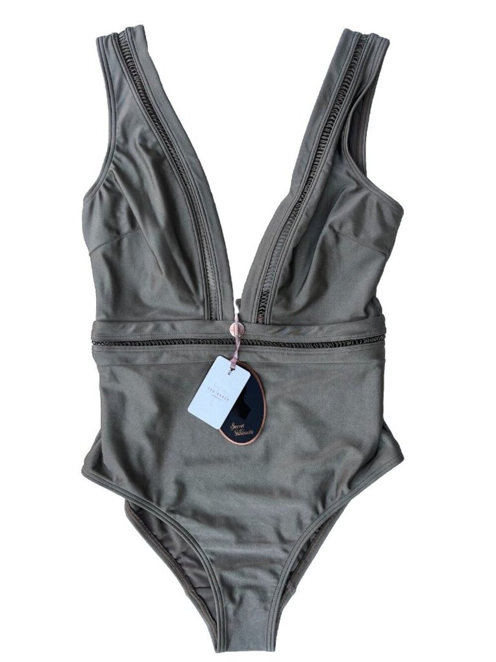 Ted Baker Starza Pointelle Deep V One Piece Swimsuit Suit Khaki Womens 1 = 4 US